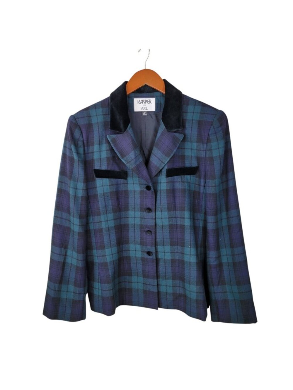 Vintage Plaid Crop Blazer Jacket 14 Velvet Collar Blackwatch Tartan Green Blue